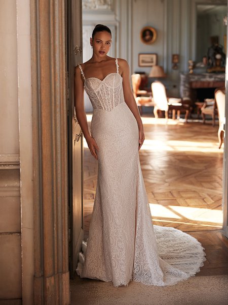 Moonlight Couture H1642 All lace and shimmer fabric unlined sweetheart with lace straps mermaid with hem lace trim Moonlight Couture H1642 All lace and shimmer fabric unlined sweetheart with lace straps mermaid with hem lace trim