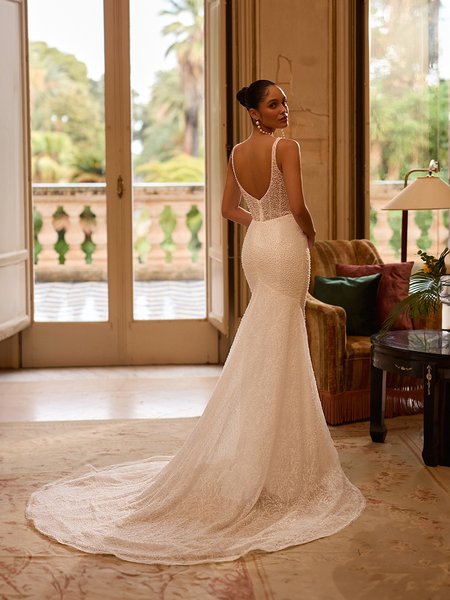 Illusion V-back beaded lace mermaid with chapel train and horsehair trim hem Moonlight Collection J6979 Illusion V-back beaded lace mermaid with chapel train and horsehair trim hem Moonlight Collection J6979