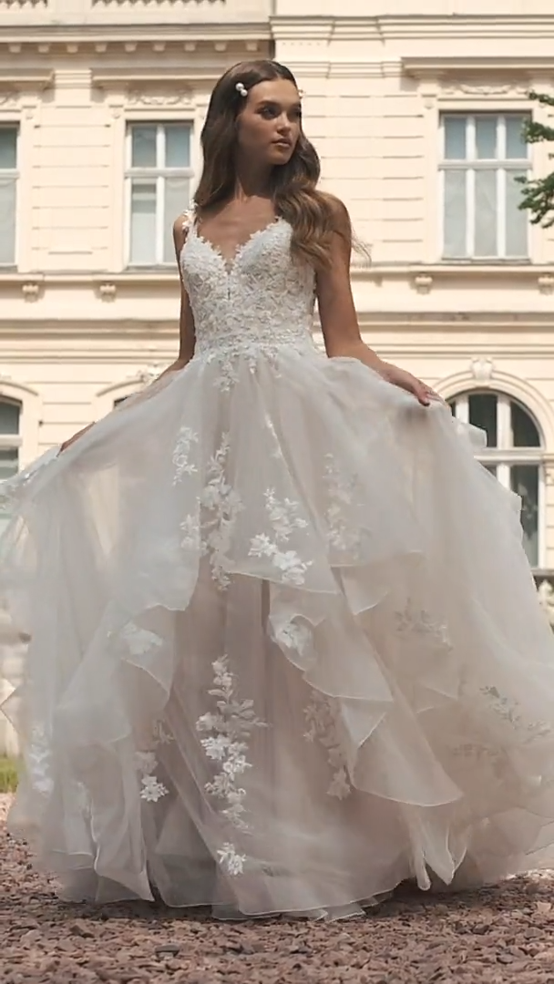 Moonlight Couture H1465 Magical Sparkle Tulle Full A-Line Wedding Gown with Cascading Skirt