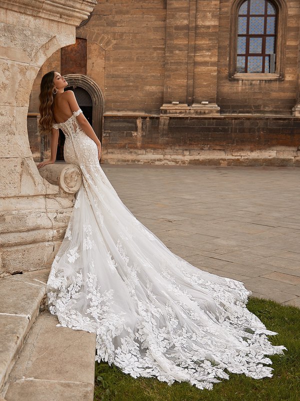 Stella H1483 by Moonlight Bridal Delicate Lace Scalloped Illusion Train  Mermaid Wedding Gown