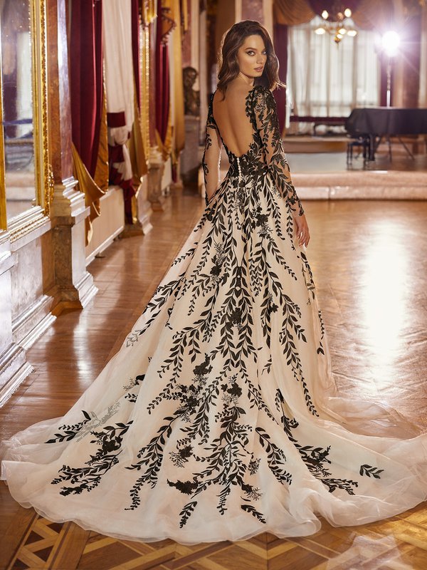 Long Sleeve Black Lace Wedding Dress with Ivory Underlay