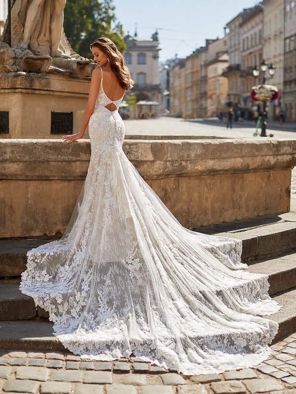 Mermaid Ivory Geometric Lace V Back Wedding Dress