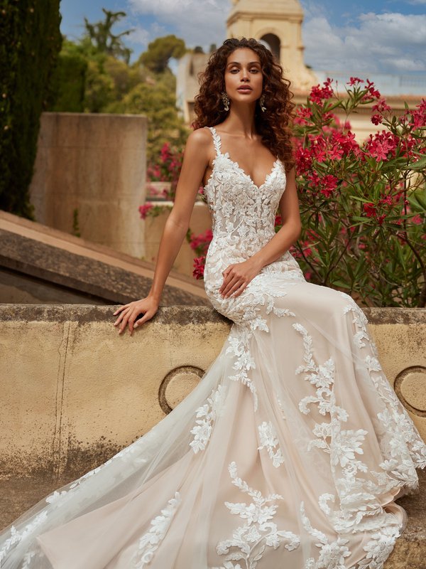 Deep V-Neck Mermaid Gown With Embroidered Lace Moonlight Couture H1527