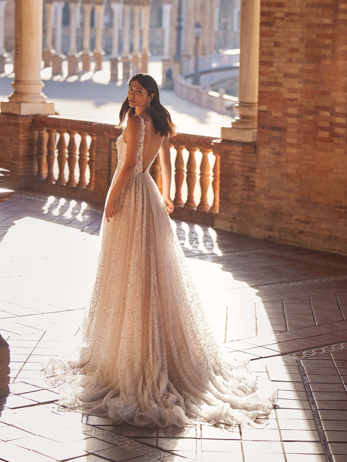 Unlined Square Neck Wedding Gown Covered with Embroidered Beaded Tulle