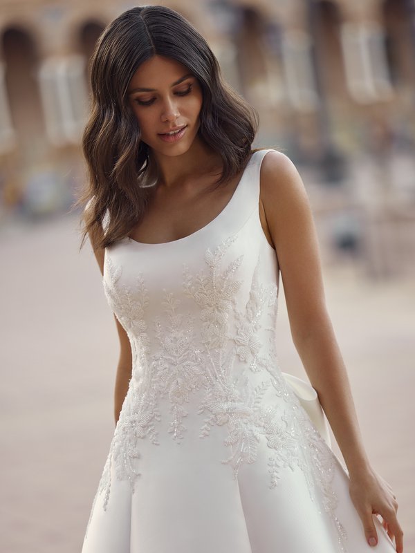 Crepe A-Line Bridal Gown With Lace Cutout Train Moonlight Tango T965