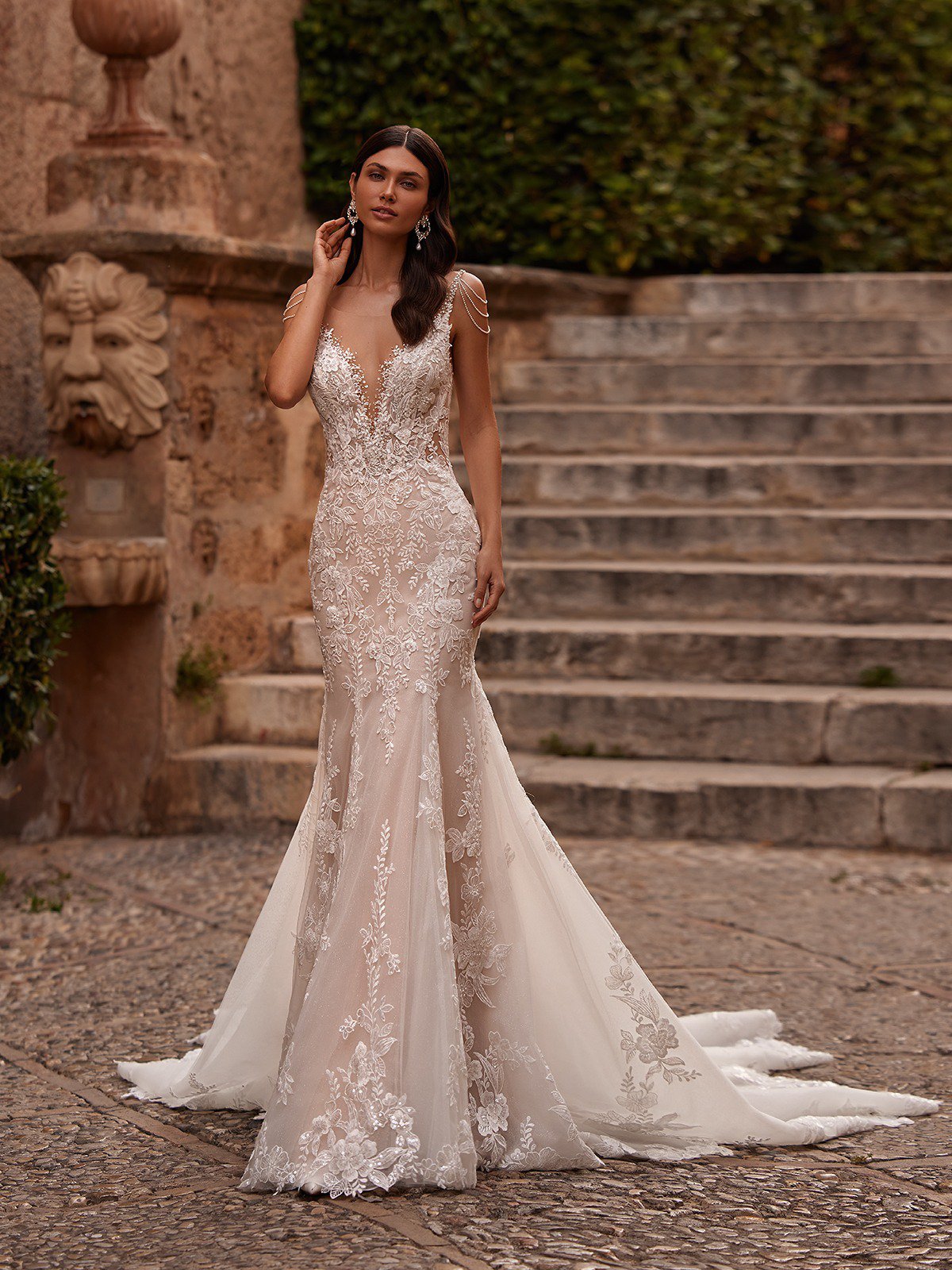 Beaded Illusion Bateau Neck Mermaid Wedding Dress