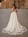 Bride In Satin Ball Gown Wedding Dress With Illusion Cutout Lace Semi-Cathedral Train
