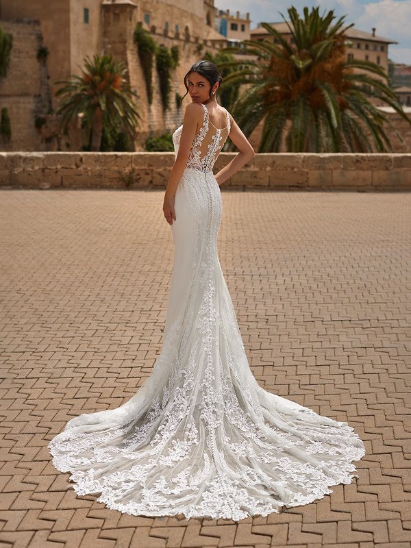 Deep V-Neck Mermaid Gown With Embroidered Lace Moonlight Couture H1527