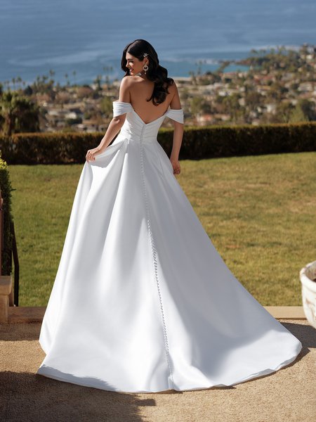 Back View of Moonlight Couture H1581 A-Line Ivory Gown with V-Shaped Back and Chapel Train