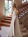 Moonlight Couture H1601 Chic Ruched Bodice Strapless V-Neck Mermaid with Front Slit