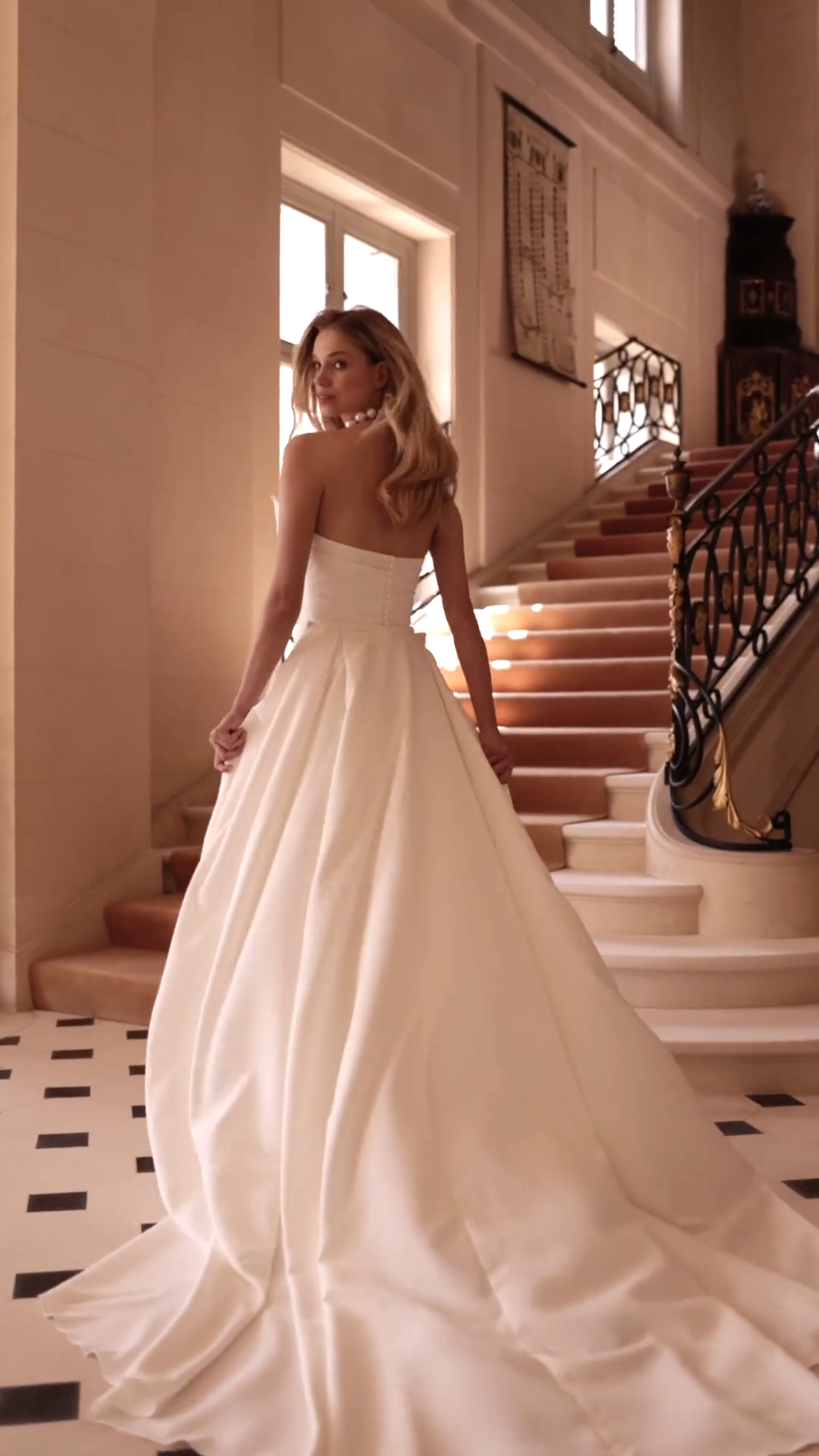 Video of bride in Moonlight Couture H1601 Strapless Mermaid with Detachable Train Crepe Wedding Gown