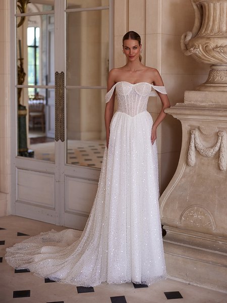 Moonlight Couture H1603 Unlined Soft Sweetheart with Detachable Swag Sleeves A-Line in Beaded Tulle