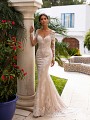 Moonlight Collection J6746 deep V-neck mermaid gown with lace appliques and long sleeves