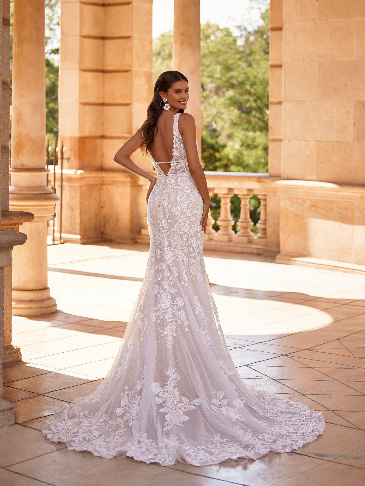 Flirty Lace Fit-and-Flare Wedding Dress with Deep Plunging Neckline