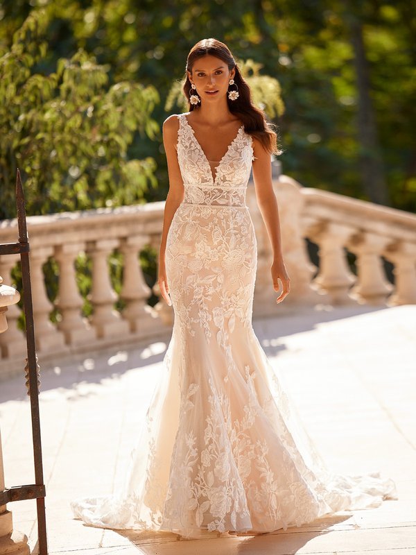 Chiffon A-Line Gown with Cutout Lace Train Moonlight Collection J6835