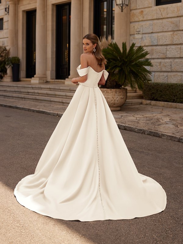 Pleated Swag Sleeve Scoop Neck Ball Gown Wedding Dress