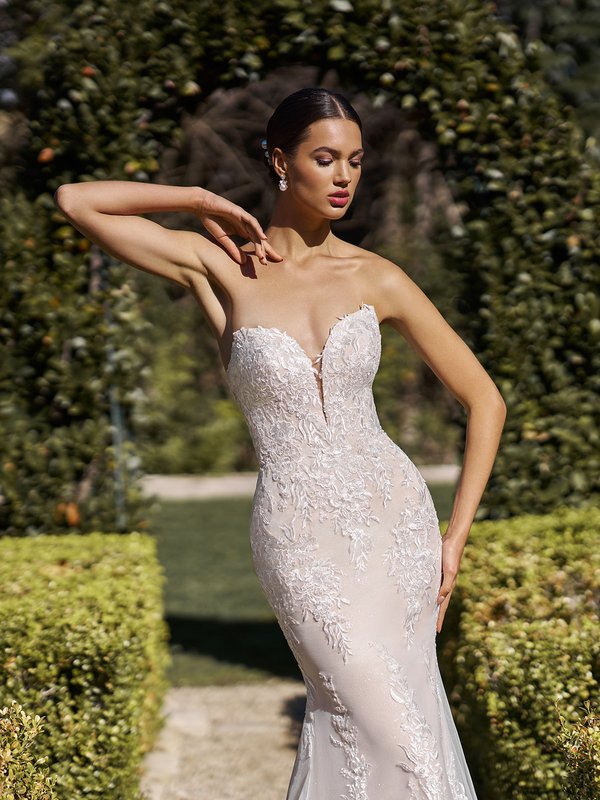 Moonlight Collection J6936 Ivory Lace Appliques and Latte Lining Strapless Sweetheart Mermaid Wedding Dress