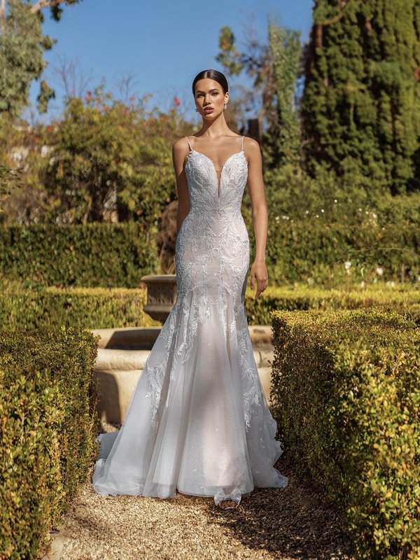 Front View of Moonlight Collection J6937 Sweetheart with Beaded Straps Lace Appliques and Shimmer Net Mermaid Gown