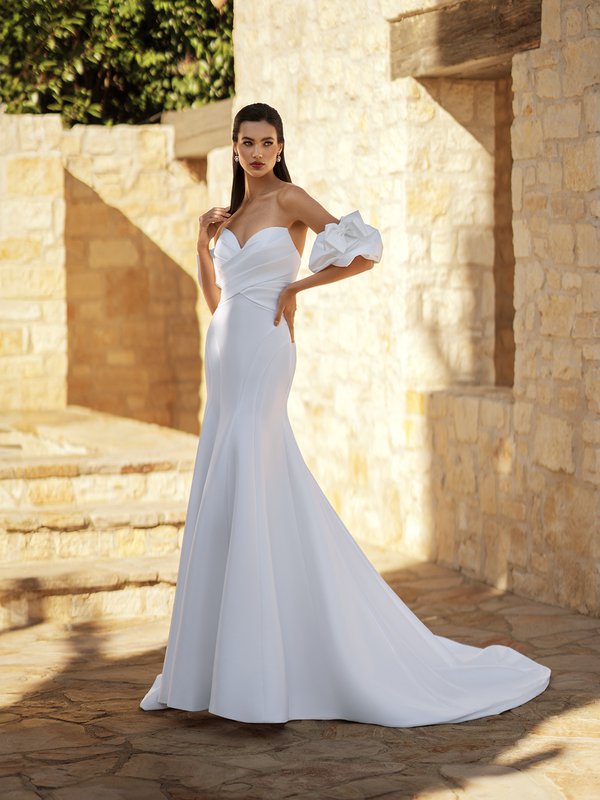 Moonlight Collection J6940 Bride in Strapless Pointed Sweetheart Stretch Mikado Gown with Short Puff Sleeves