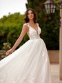 Moonlight Collection J6954 Illusion Inset at Side Bodice and Center Front Unlined Deep V-Neck Flowy A-Line Dress