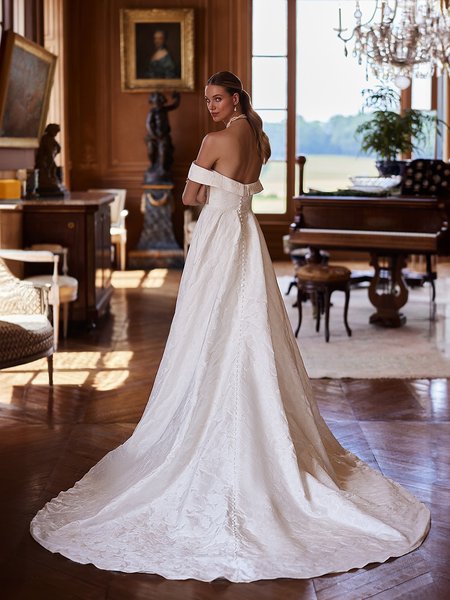 Pockets and Swag Sleeves Open Back Full A-Line Gown in Jacquard Organza Fabric Moonlight Collection J6955