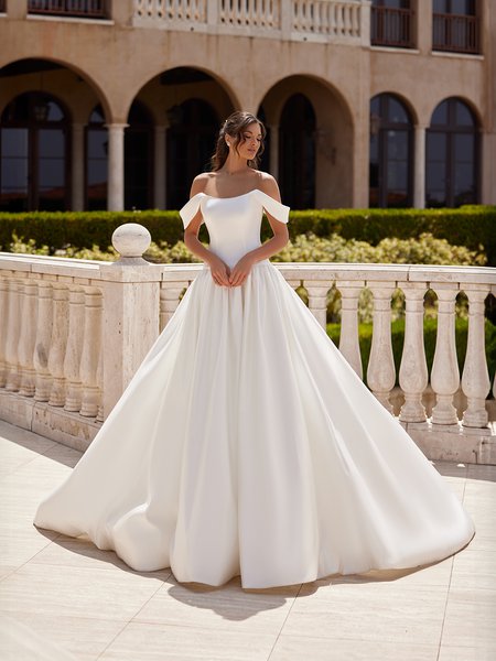 Detachable Swag Sleeves Strapless Scoop Neck Drop Waist Satin Ball Gown Moonlight Collection J6956