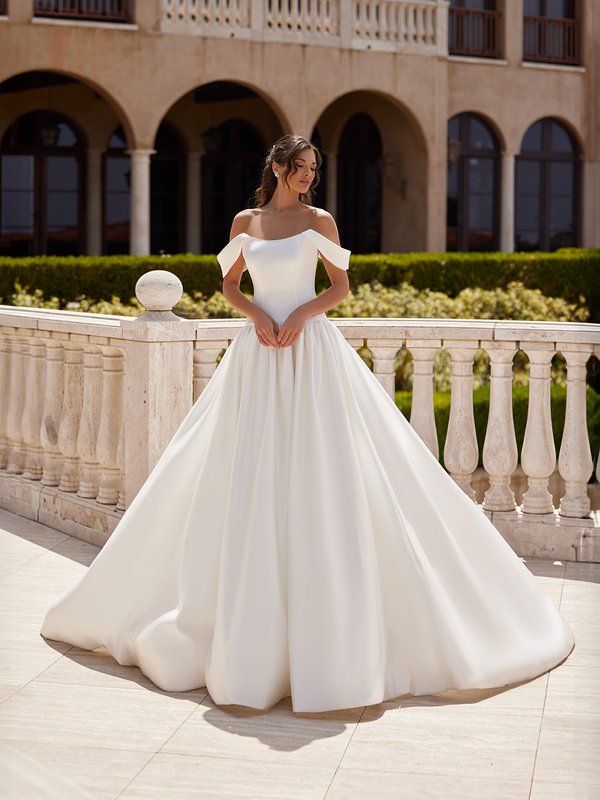 Detachable Swag Sleeves Strapless Scoop Neck Drop Waist Satin Ball Gown Moonlight Collection J6956