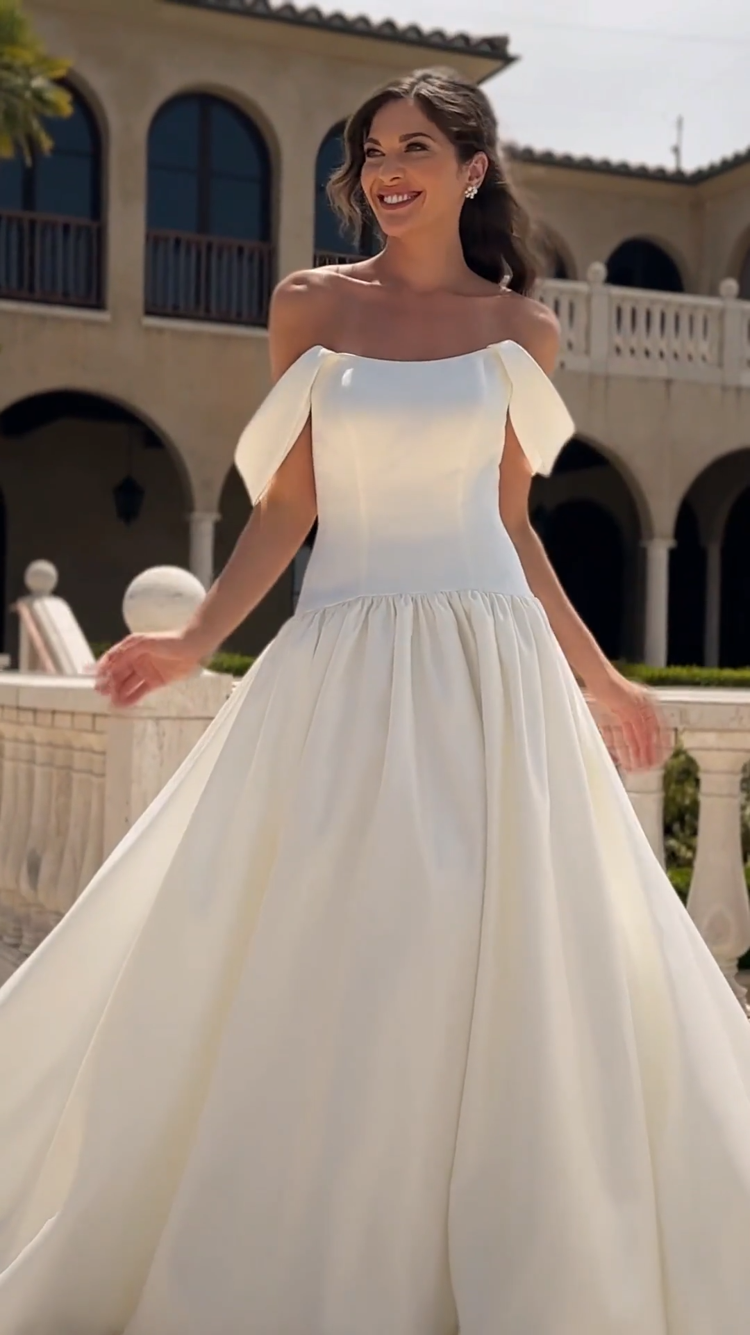 Moonlight Collection J6956 Strapless Scoop Neck and Open Back Satin Ball Gown with Swag Sleeves