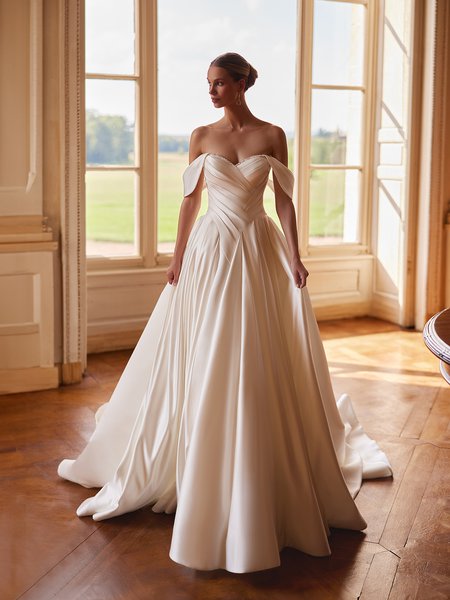 Strapless Sweetheart with Detachable Swag Sleeves Satin Ball gown with Box Pleats Moonlight Collection J6959