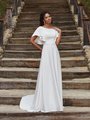 Moonlight Modest M5032 Modest A-Line Crepe Wedding Gown With Elbow Length Flutter Sleeves, Bateau Neckline, and Beaded Sash