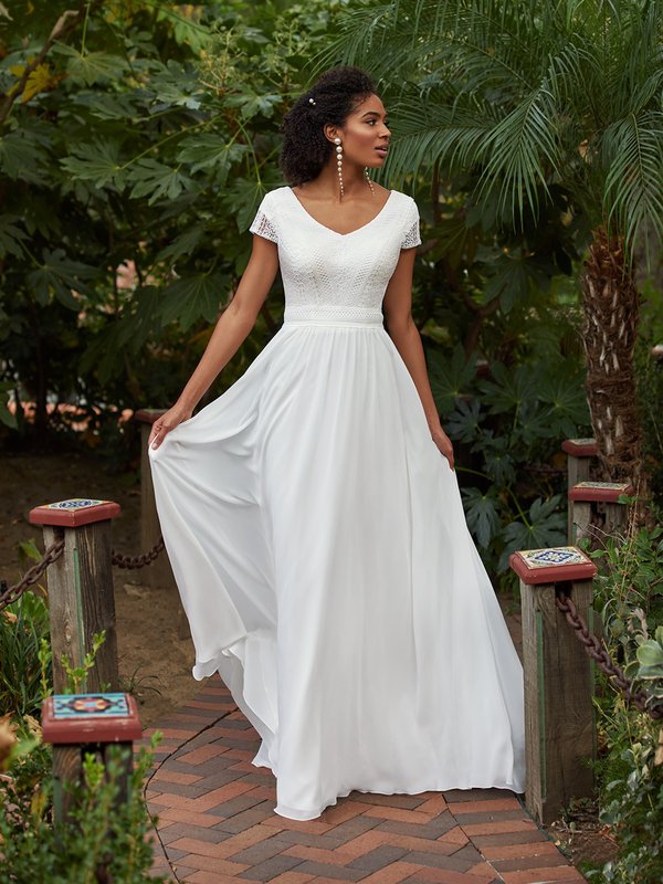 M5033 Short Sleeve Chiffon and Lace Bodice A-Line Modest Bridal Gown