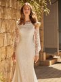 Modest Bateau Neckline Lace Wedding Dress With Long Bishop Sleeves and Beaded Sash Style M5044 