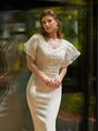 Modest V-Neckline Crepe Wedding Dress With Short Flutter Sleeves and Beaded Waist Bands Style M5046