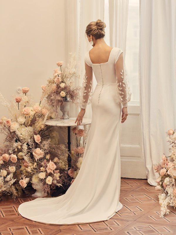 Modest Crepe Bridal Gown with Illusion Lace Bishop Sleeves Moonlight M5053