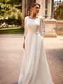 Modest Scoop Neckline Wedding Dress with Illusion Lace Cutout Sleeves and Thin Waist Sash Style M5063
