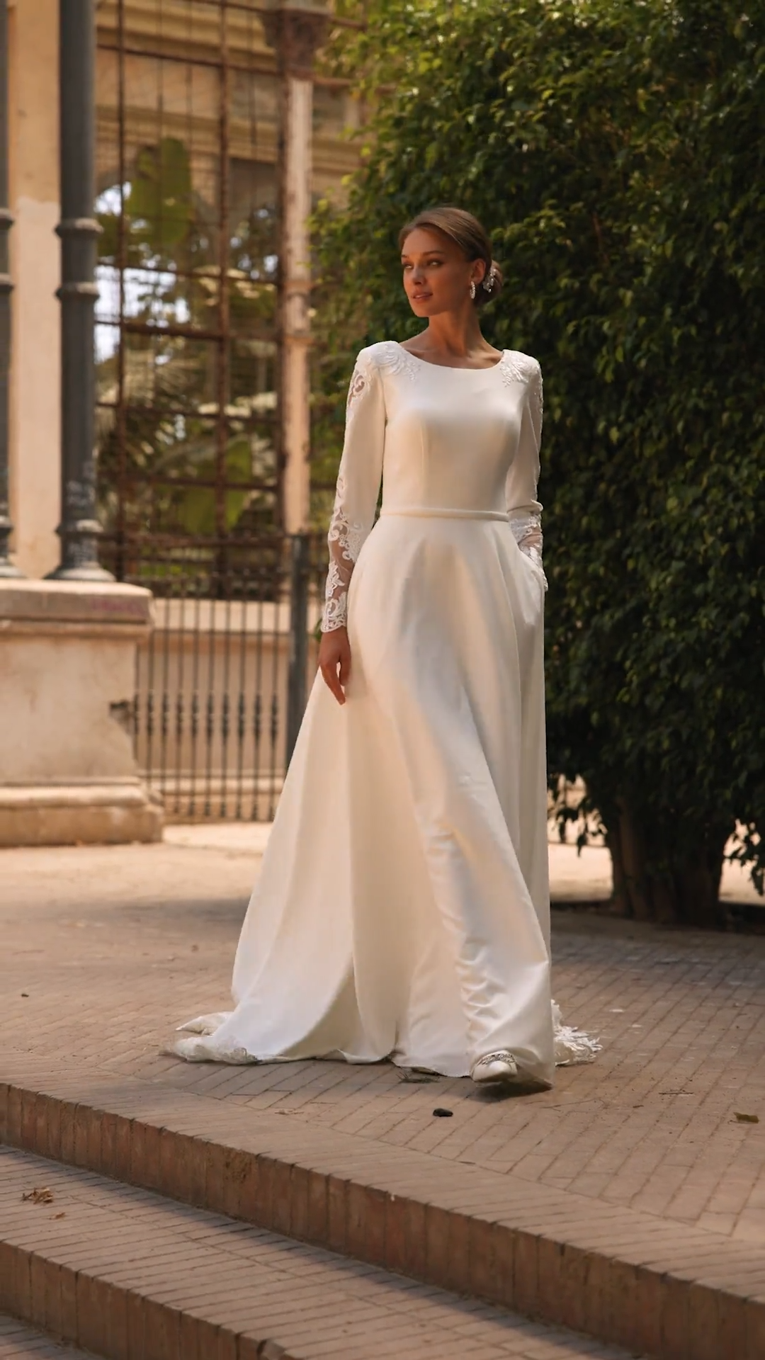 Modest Long Split Sleeve Crepe Mermaid Bridal Gown Moonlight M5062
