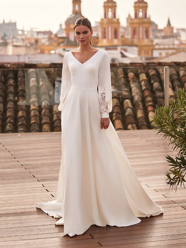 Crepe A-line Wedding dress with Modest V-Neckline and Long Bishop Sleeves Style M5075