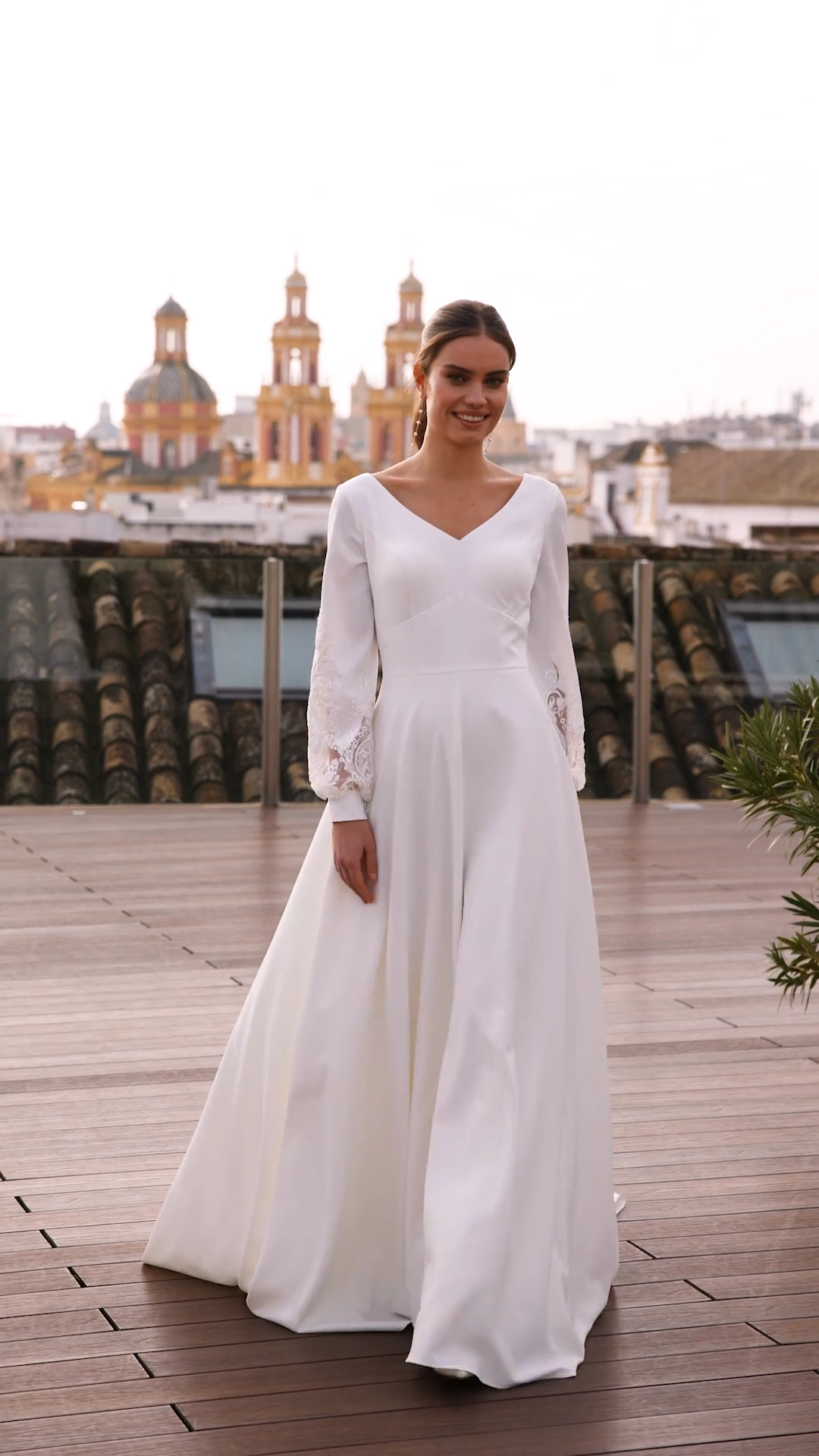 Modest Crepe A-line Wedding Dress with V-Neckline and Long Bishop Sleeves with Lace Cutouts Style M5075