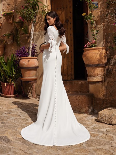 Modest Square Back Neckline Mermaid Crepe Wedding Dress With Chiffon Bow Sleeves Modest Square Back Neckline Mermaid Crepe Wedding Dress With Chiffon Bow Sleeves