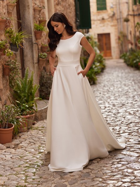 Modest Short Sleeve Wedding Dress With Pockets and Cummerbund Waist