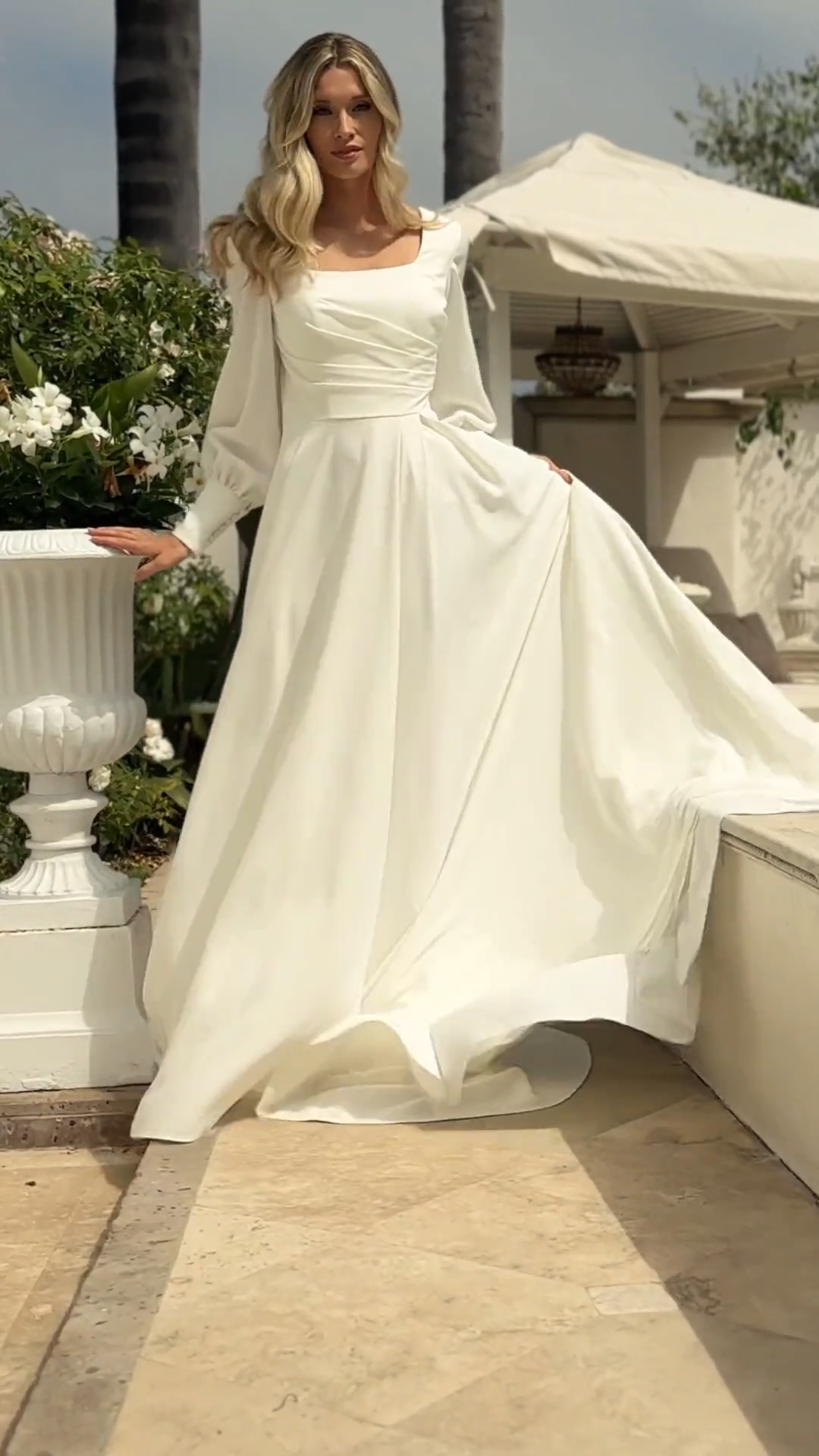 Moonlight Modest M5091 Square Necklines with Long Bishop Sleeves in Crepe Fabric