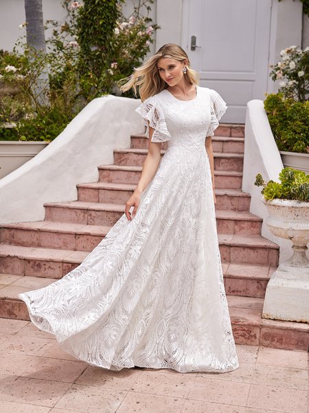 M5096 Modest Guipure Lace Fabric A-Line Gown with Lined Cap See-Through Flutter Short Sleeves