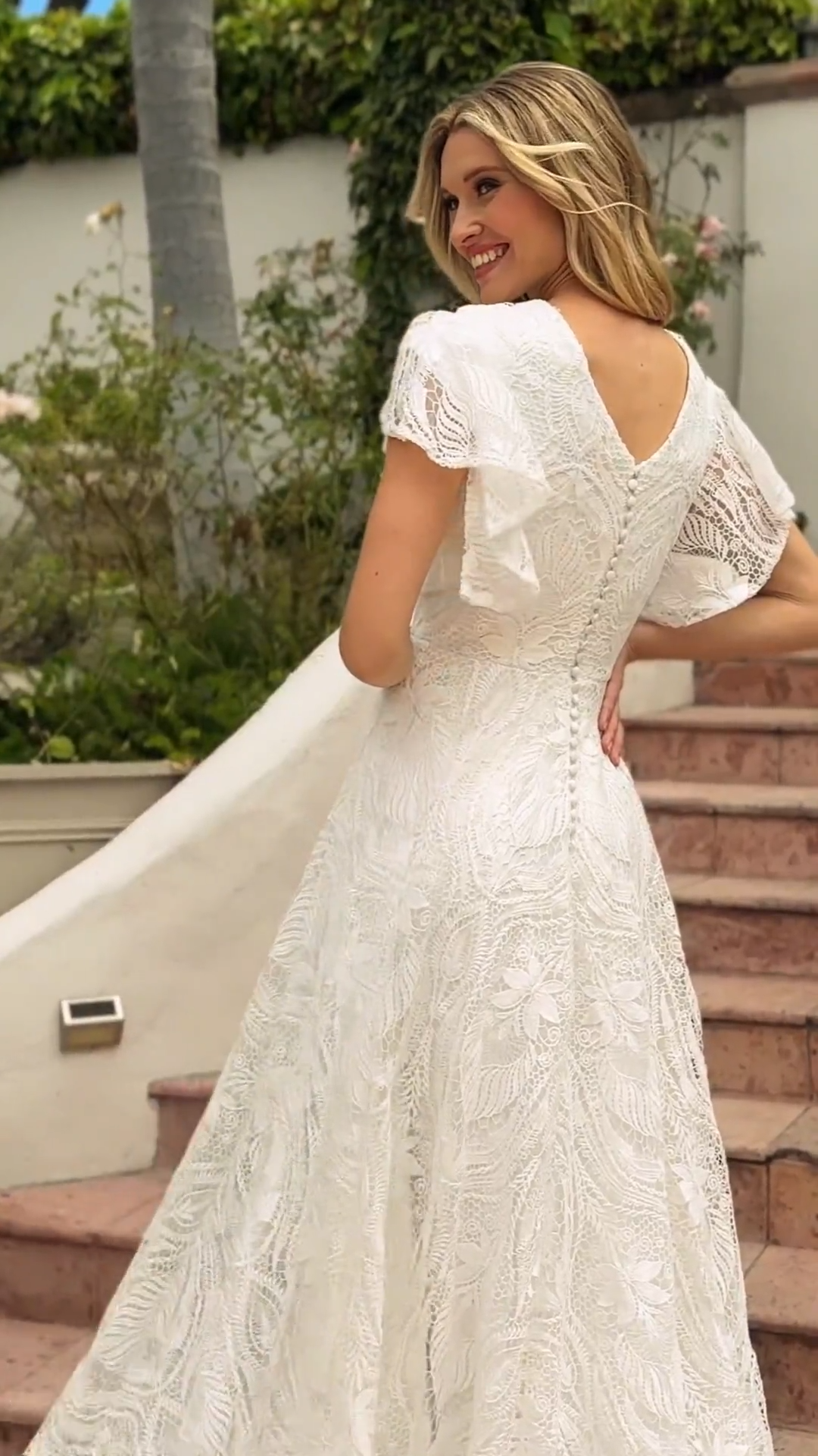 Modest M5096 Flowy Guipure Lace Fabric A-Line with Scoop Front Neckline and Flutter Sleeves