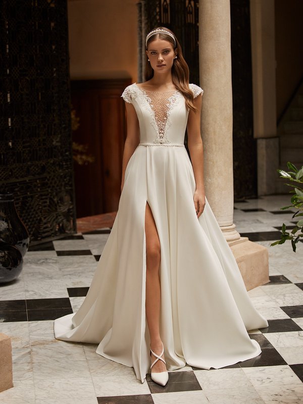 Light Illusion Scoop Neck Lace A-line Wedding Dress Zipper Back