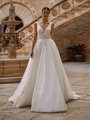 V neckline wedding dress with sparkle tulle and scattered large floral lace appliques