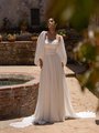 Moonlight Tango T166 Beaded Trim Strapless Soft Sweetheart Chiffon A-Line with Detachable On-Shoulder Puff Long Sleeves