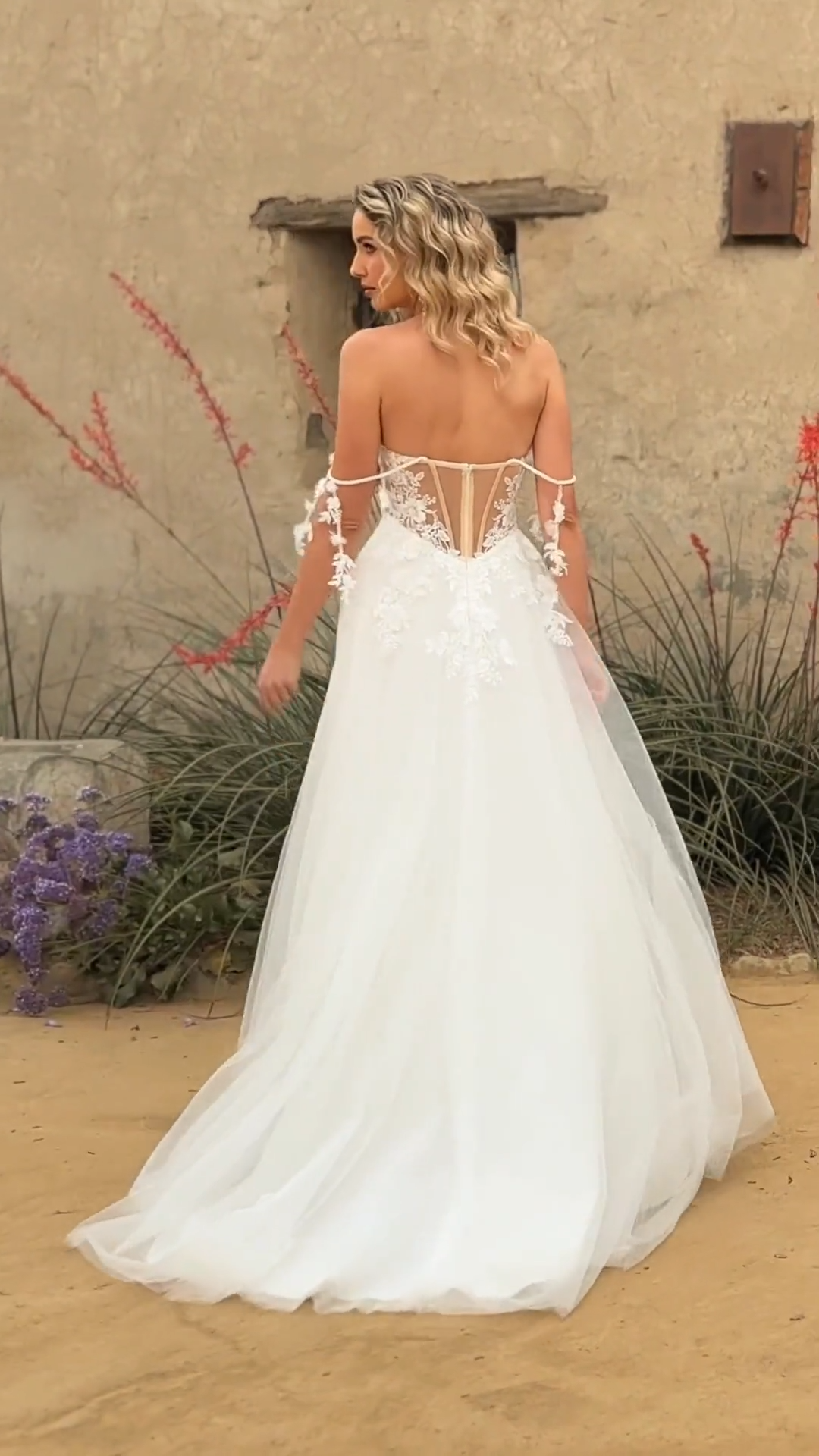 Video of Moonlight Tango T167 Tulle and Lace Appliques A-Line with Front Slit and Detachable Off-Shoulder Beaded Lace Swag Sleeves