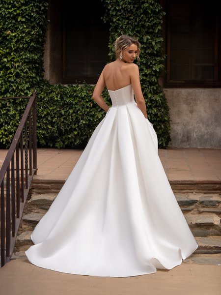 Moonlight Tango T171 Open Back Satin Ball Gown with Buttons Along Back Bodice and Horsehair Trim Hem