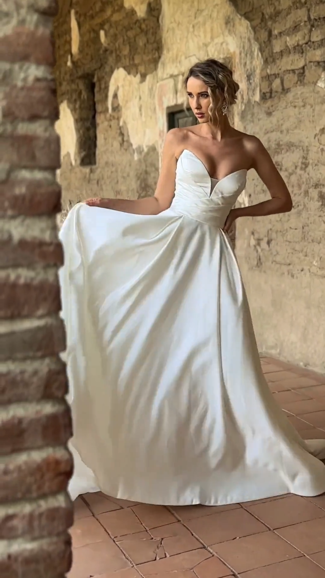 Video of Moonlight Tango T171 Strapless Ruched Front Bodice Satin Ball Gown with Pockets