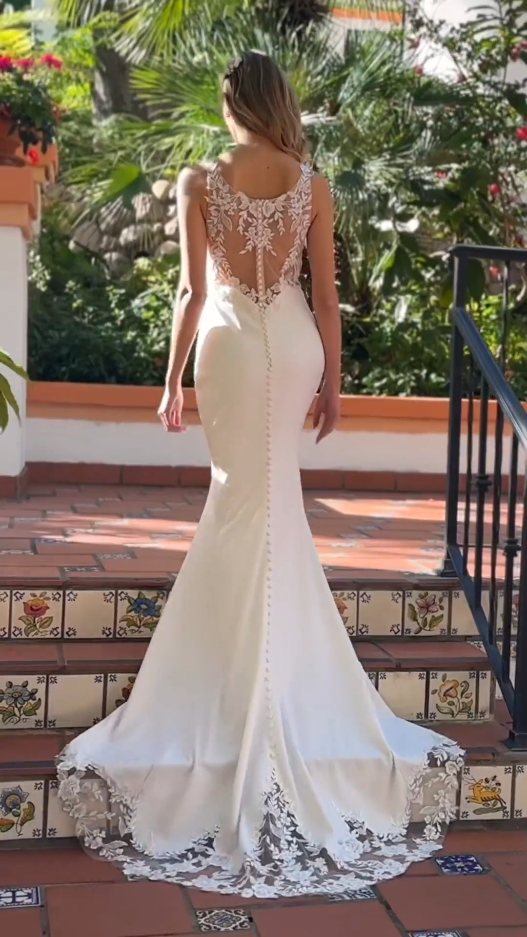 Moonlight Tango T186 Video of Sweetheart and illusion open back crepe back satin with lace appliques mermaid gown